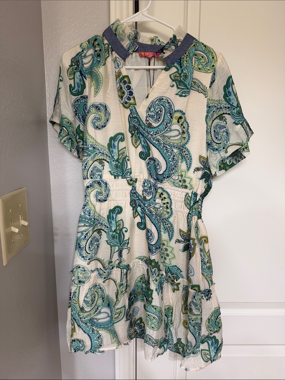THML Cream Paisley V-Neck Short Sleeve Mini Dress with Teal & Green Accents